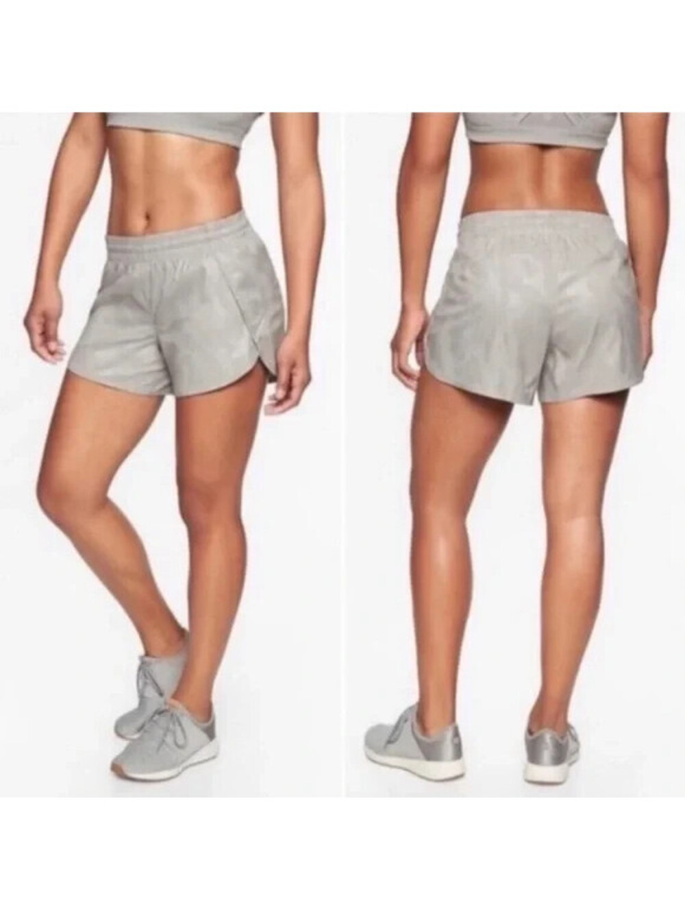 ATHLETA Hustle Run Racer 4.5" Gray Camo Shorts WOMENS MEDIUM Lined Reflective